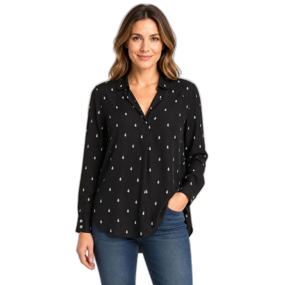 Garnet Hill Tencel Blouse Womens 8 Black Print Long Sleeve Popover